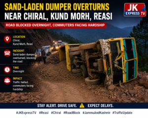 Reasi: Sand-laden dumper overturns near Chiral, Kund Morh, blocking the road overnight and causing hardship for commuters.